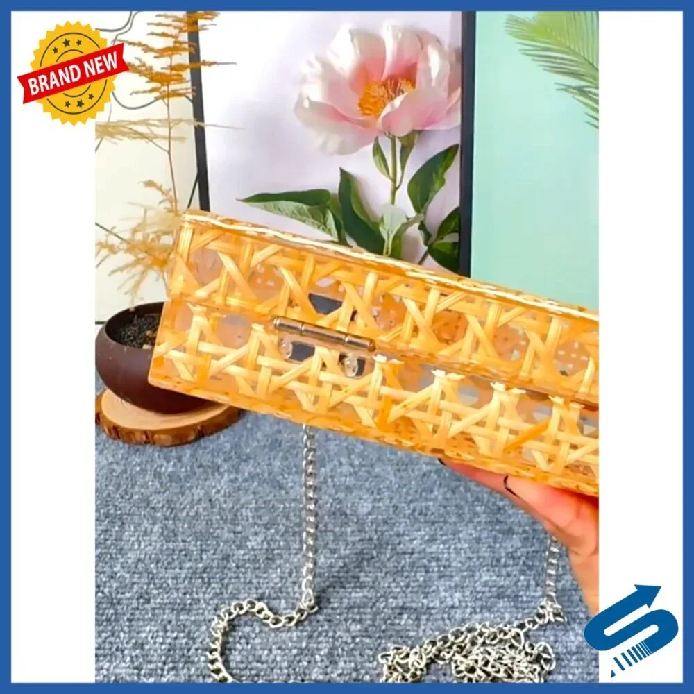 Acrylic Rattan Woven Clutch Crossbody Shoulder Bag Elegant Evening Party Purse